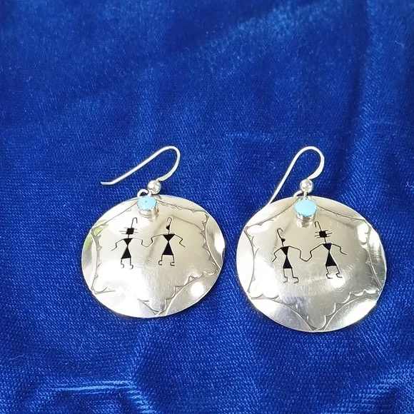 Native American Hook Earrings Sterling Silver Cut Out Figures and Turquoise - Picture 3 of 12